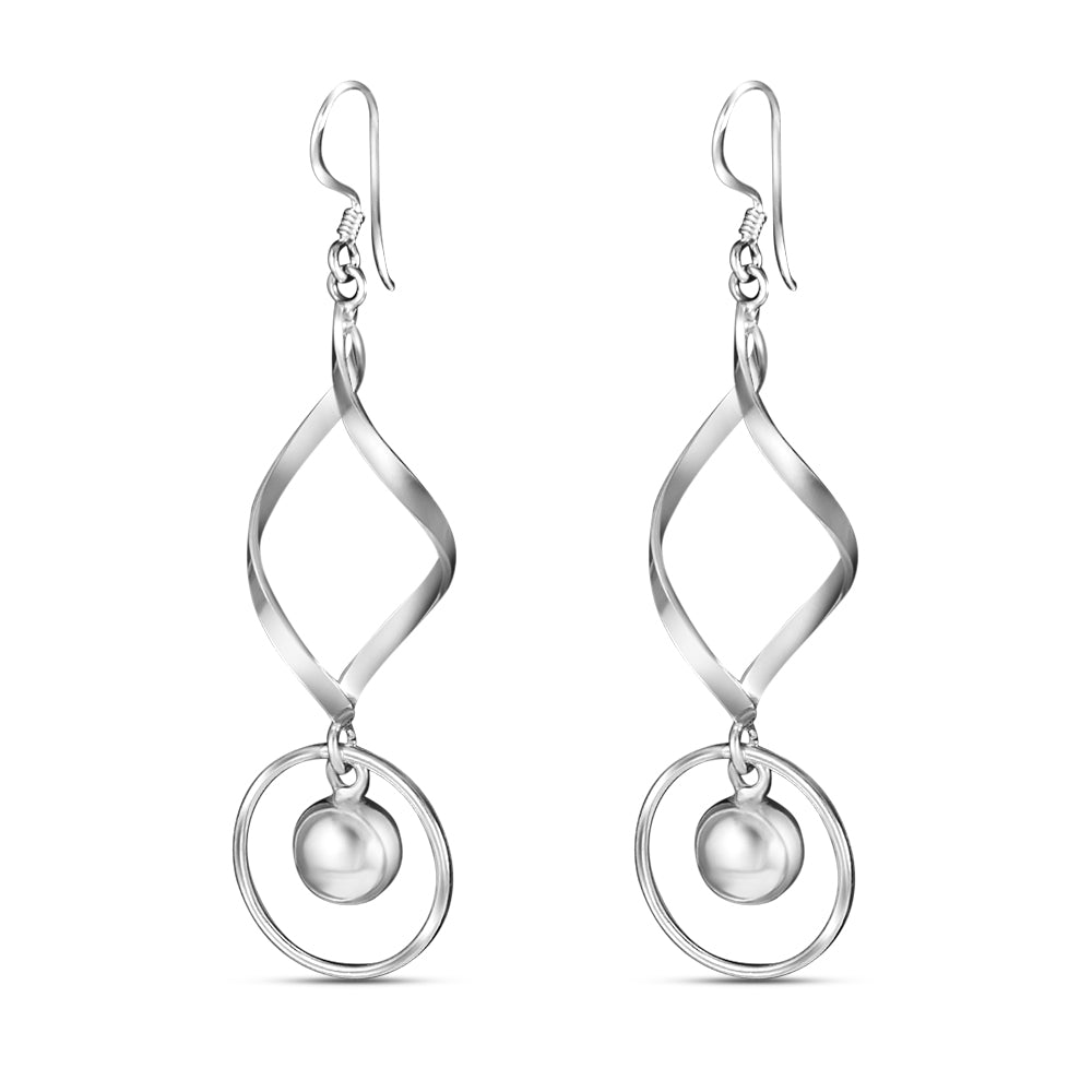 Ball Bead Wavy Rhodium Plated 925 Sterling Silver Hook Dangler Earrings for Women