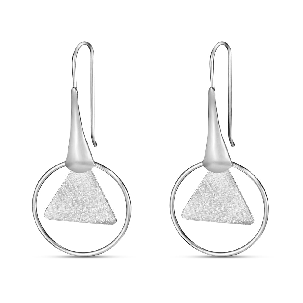 Handmade and Textured Triangle Rhodium Plated 925 Sterling Silver Dangling Hook Earrings for Women