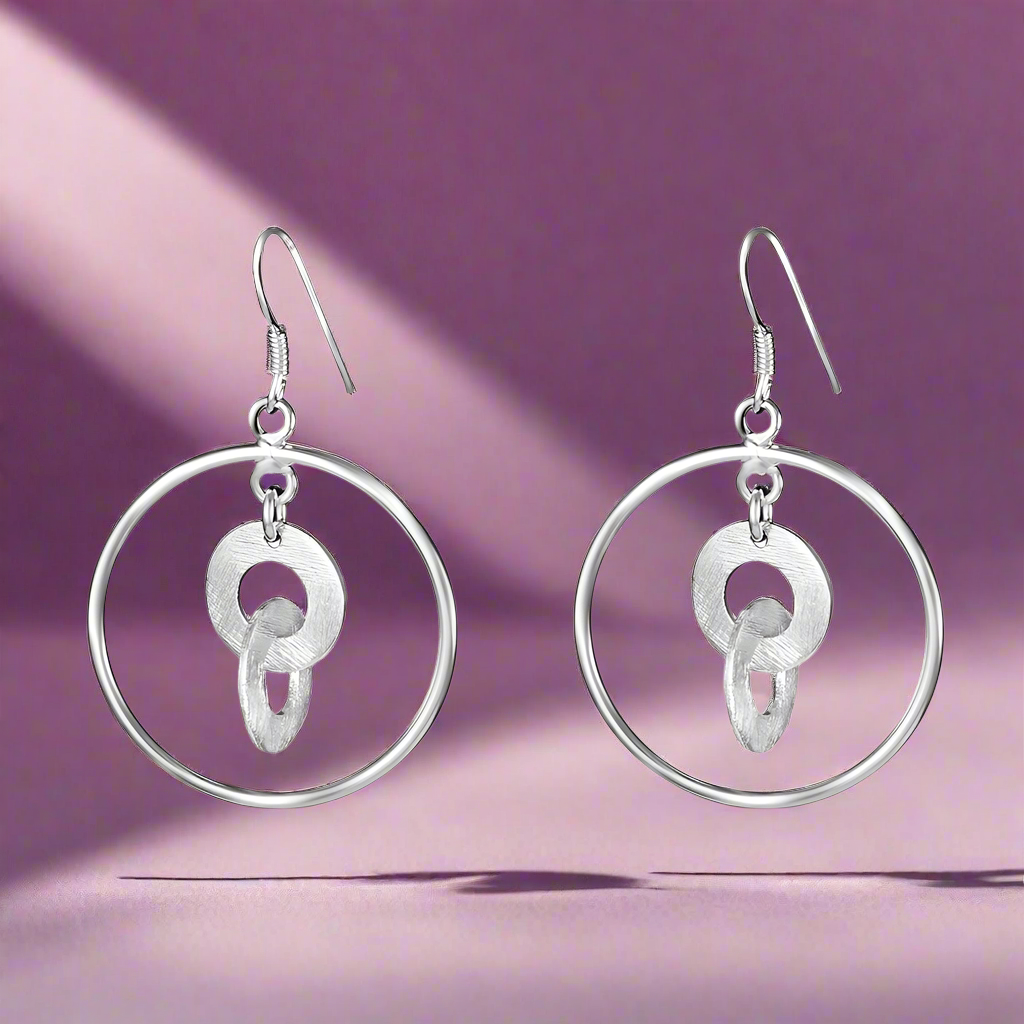 Handmade and Textured Circle Rhodium Plated 925 Sterling Silver Dangling Hook Earrings for Women