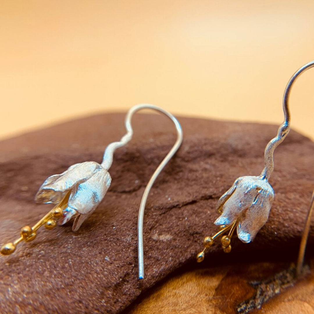 Handmade Cherry Flower Gold and Rhodium Plated 925 Sterling Silver Hook Earrings for Women