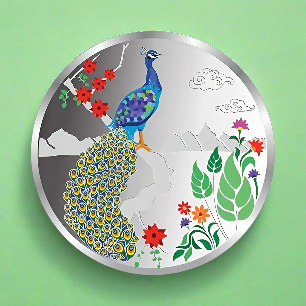 A silver coin with a colorful peacock design surrounded by floral elements on a white background.