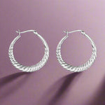 Load image into Gallery viewer, A pair of sterling silver hoop earrings with a twisted hoop design, displayed against a white background.