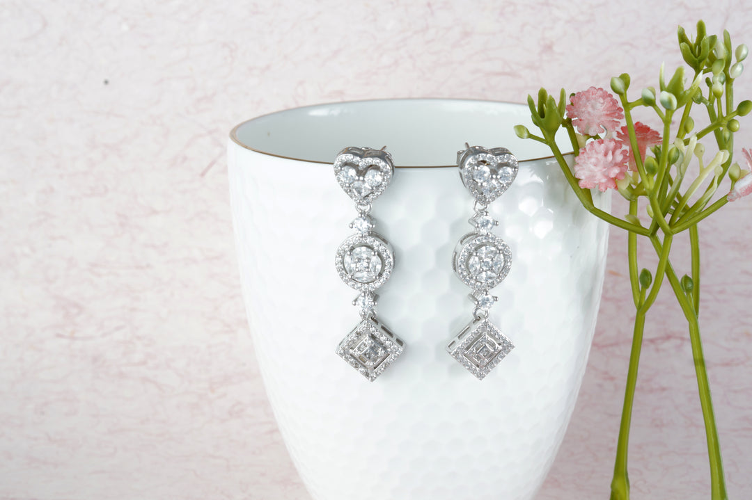 Deluxe 925 Sterling Silver Cubic Zirconia Rhodium Plated Long Dangler Earrings