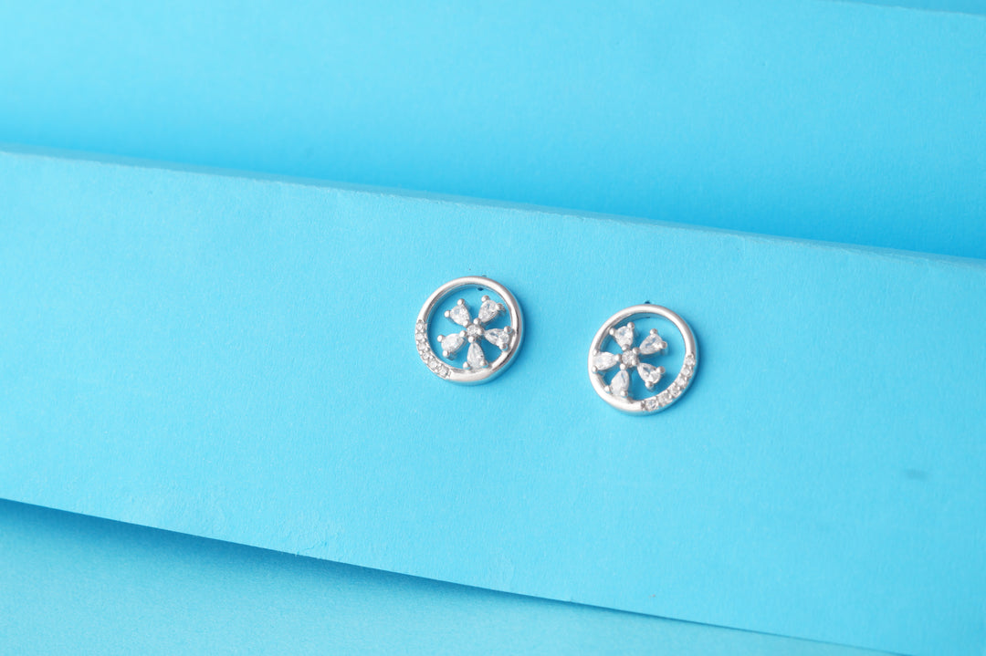 Aviator 925 Sterling Silver Rhodium Plated White Gold Diamond Stud Earrings