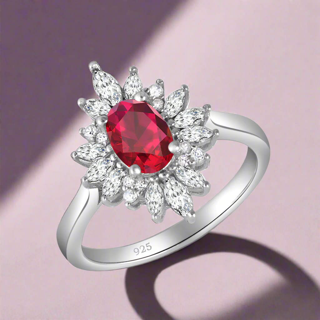 A 925 sterling silver ring with a central red cubic zirconia surrounded by white cubic zirconia stones, with a '925' marking on the band.