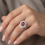 Load image into Gallery viewer, Stunning 925 Sterling Silver Red Gemstone Halo Ring with Side Accents