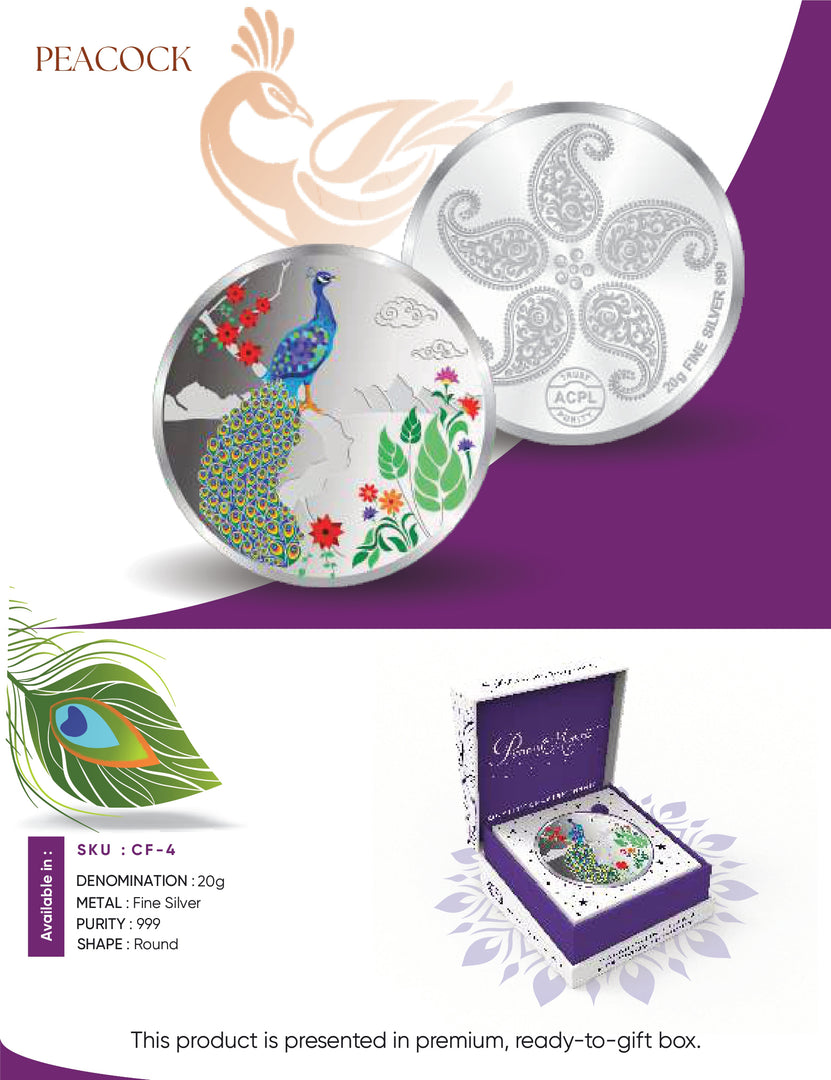 Peacock Rangoli 999 purity Silver Coins. Available in 10 and 20 GMS