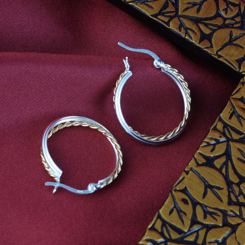 Pihu Double Hoops Two Tone 925 Sterling Silver Hoop Earrings