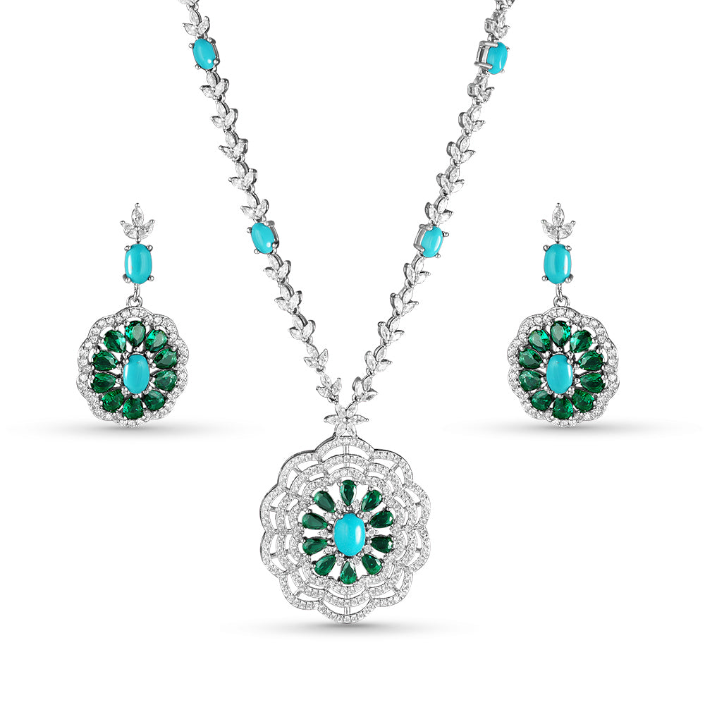 Green Paradise 925 Sterling Silver Set of 4 pieces. Studded with Cubic Zircons  (Necklace, Bracelet, Earring & Ring)