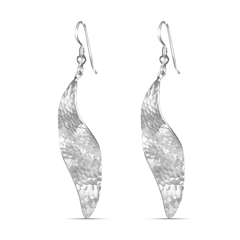 Handmade Textured Leaf Rhodium Plated 925 Sterling Silver Dangling Hook Earrings for Women