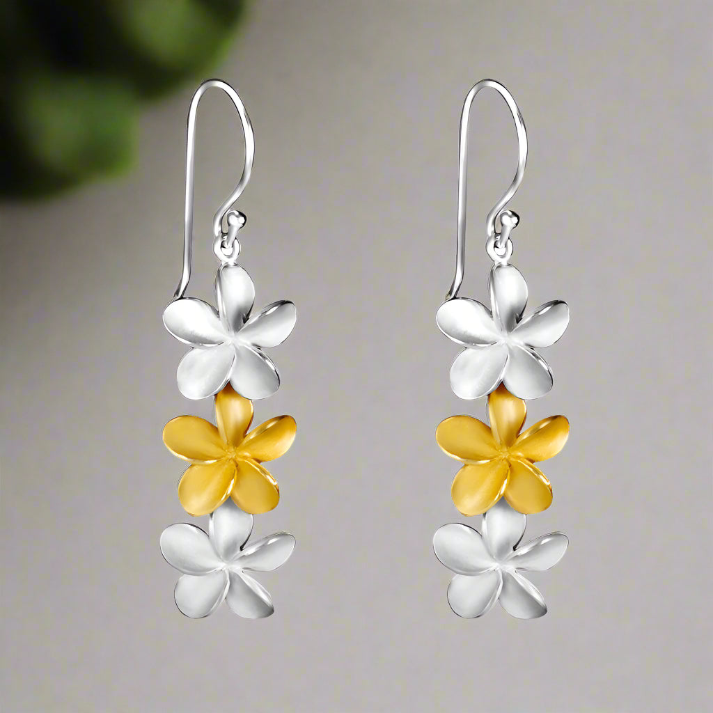 Hawaiian Plumeria Floral Rhodium and Gold Plated 925 Sterling Silver Hook Earrings for Women