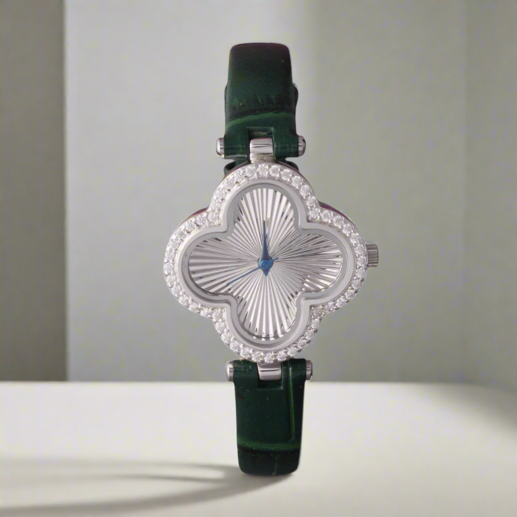 Women's 925 Sterling Silver Watch with Black Leather Belt