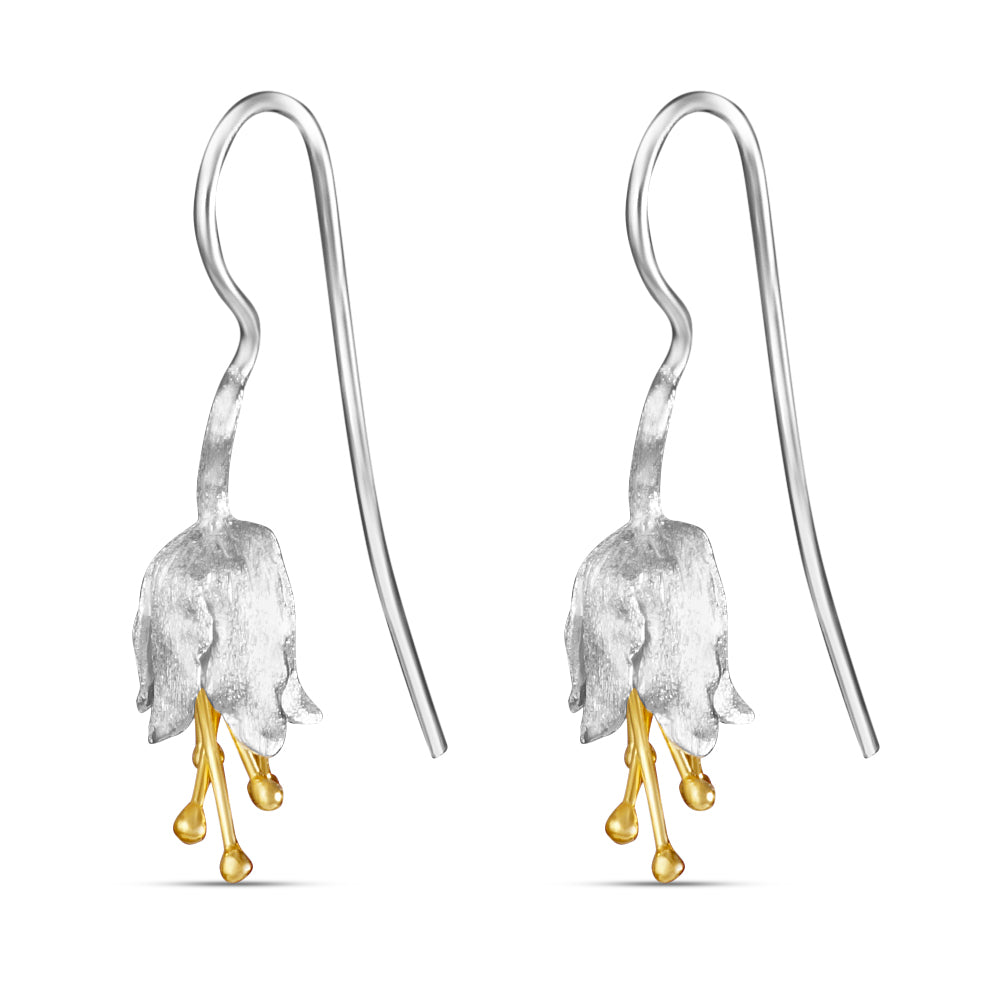 Handmade Cherry Flower Gold and Rhodium Plated 925 Sterling Silver Hook Earrings for Women