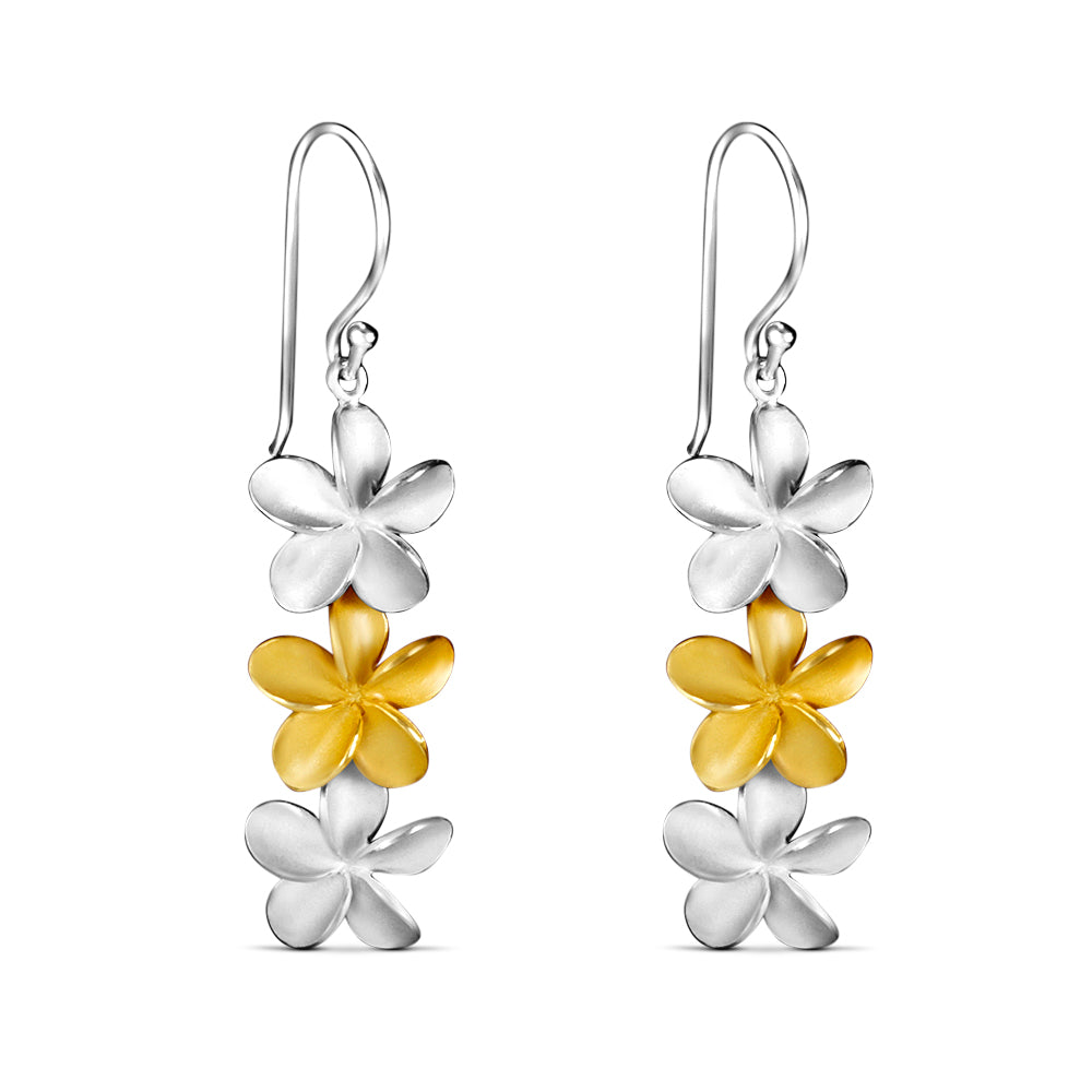 Hawaiian Plumeria Floral Rhodium and Gold Plated 925 Sterling Silver Hook Earrings for Women