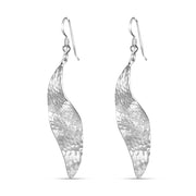 Handmade Textured Leaf Rhodium Plated 925 Sterling Silver Dangling Hook Earrings for Women