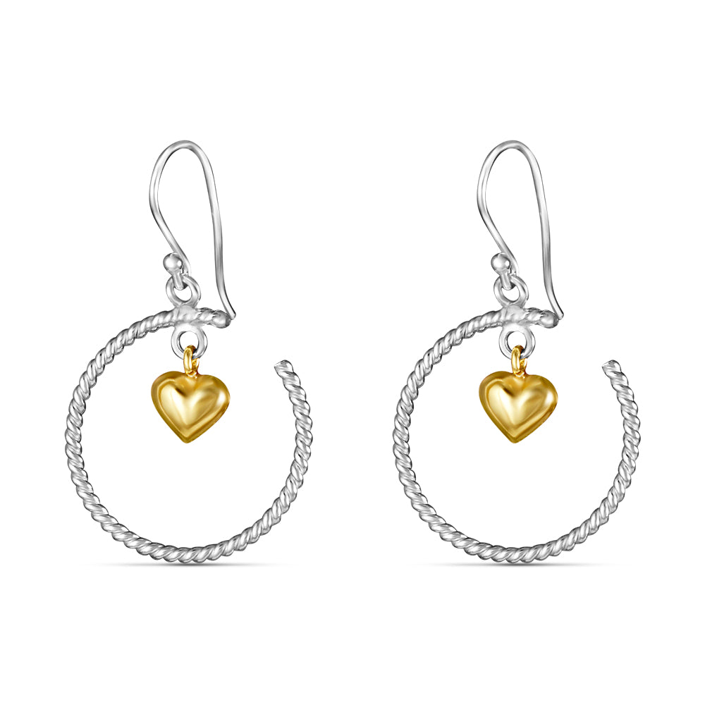 Dangling Golden Hearts Two Tone Link 925 Sterling Silver Earrings