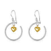 Dangling Golden Hearts Two Tone Link 925 Sterling Silver Earrings