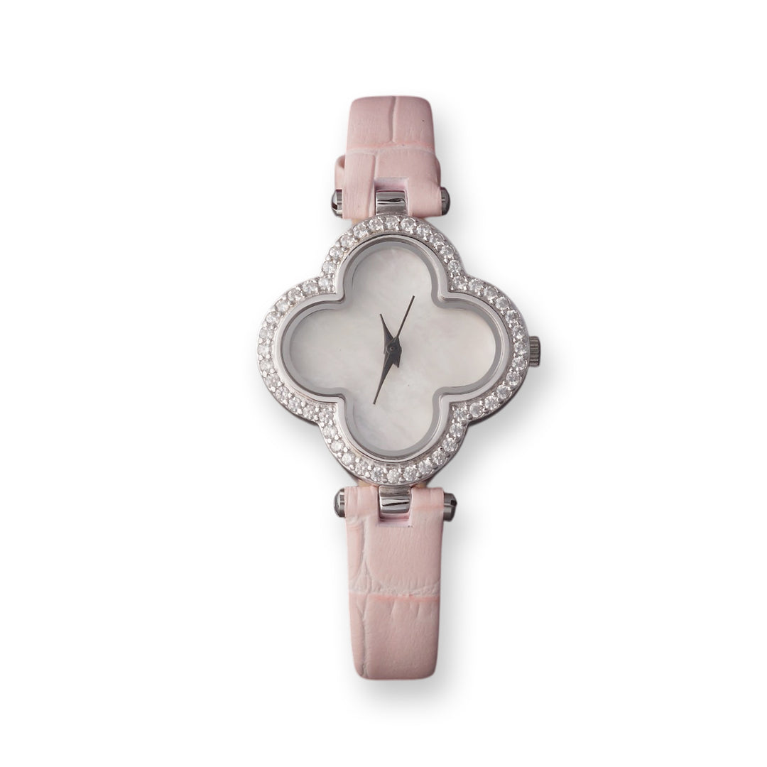 Women's 925 Sterling Silver Watch with Pink Leather Belt