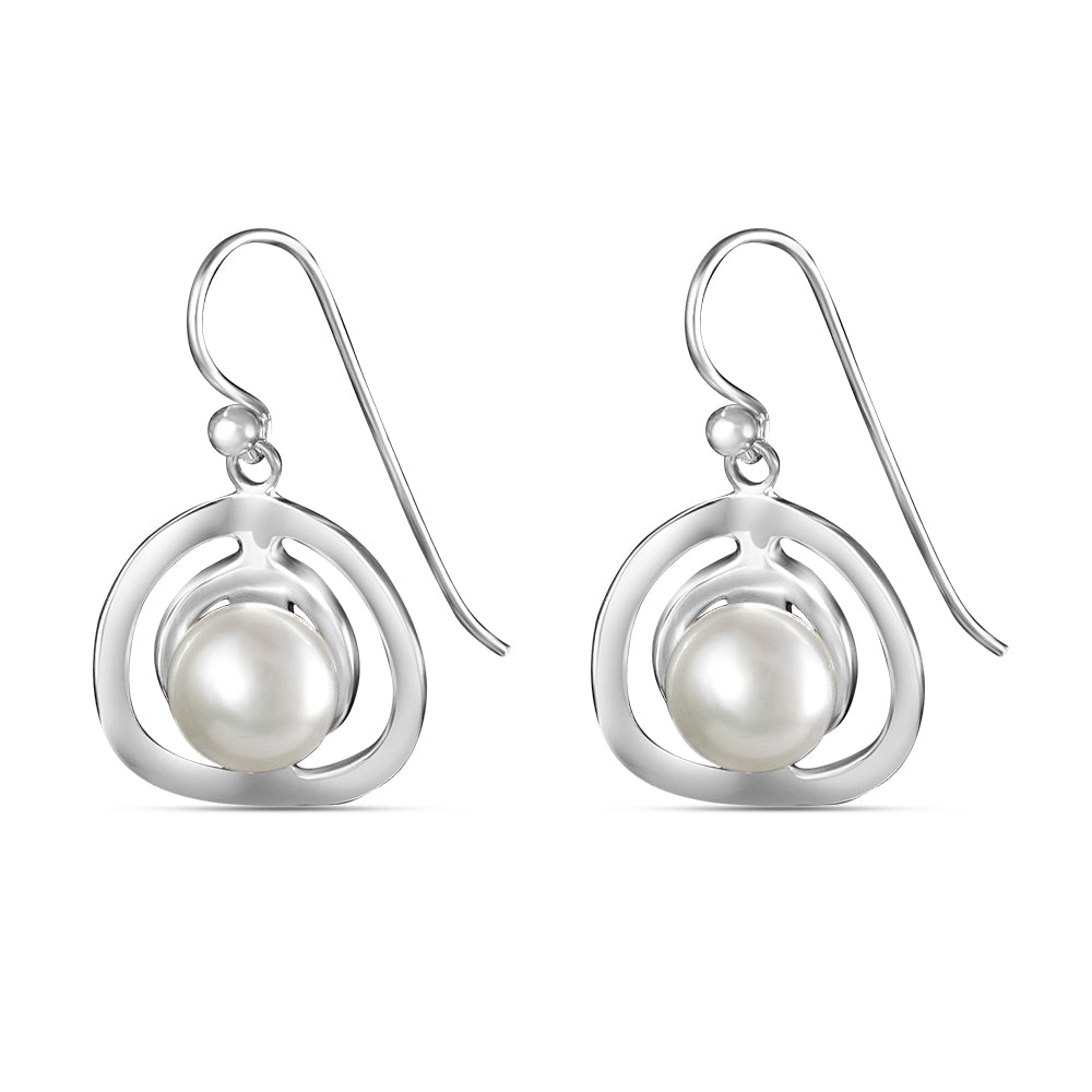 Handmade with Pearl Circle Rhodium Plated 925 Sterling Silver Dangling Hook Earrings for Women