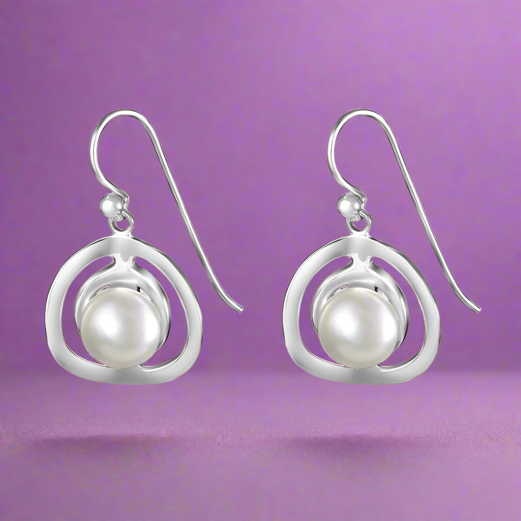 Handmade with Pearl Circle Rhodium Plated 925 Sterling Silver Dangling Hook Earrings for Women