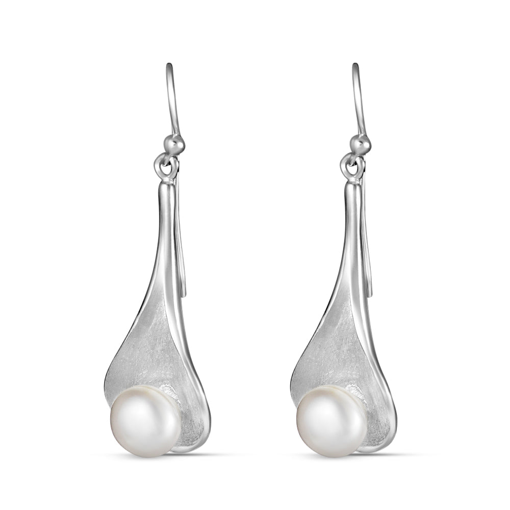 Oyster Handmade Pearl  Rhodium Plated 925 Sterling Silver Dangling Hook Earrings for Women