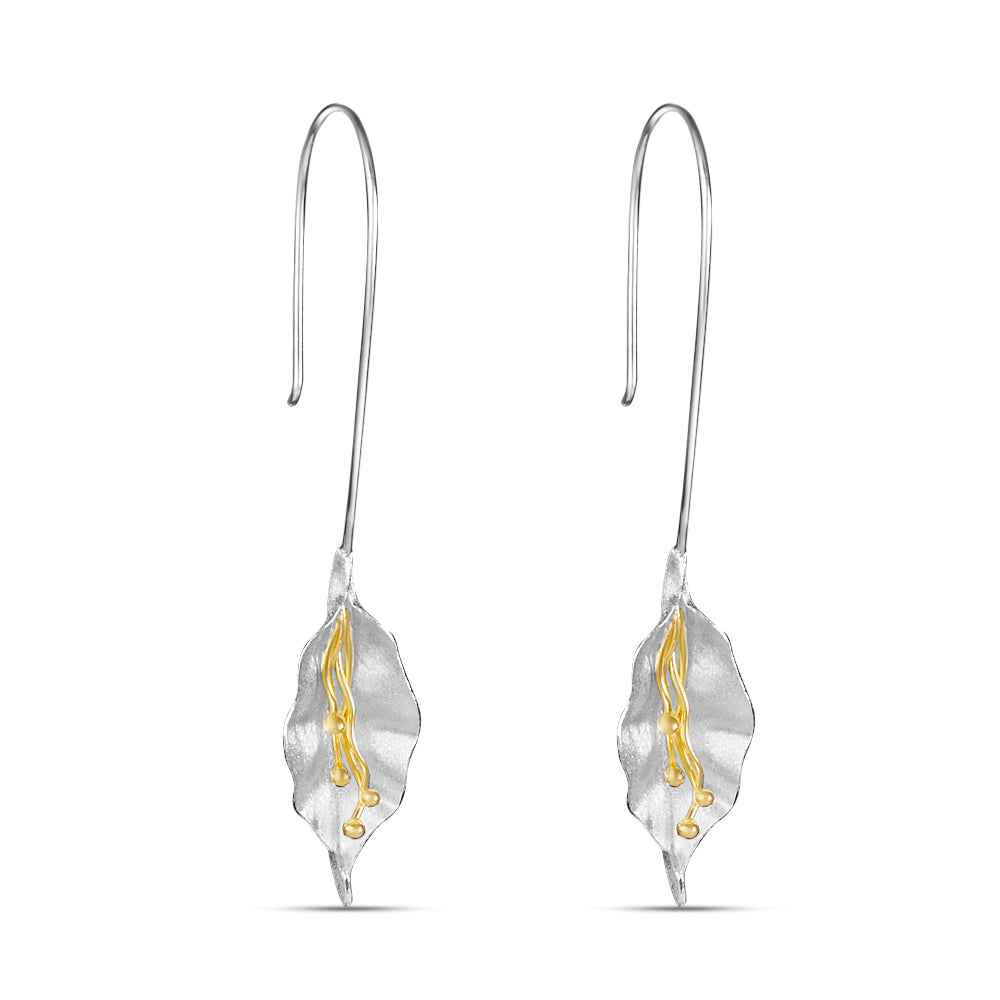 Handmade Lily Flower Gold and Rhodium Plated 925 Sterling Silver Hook Earrings for Women