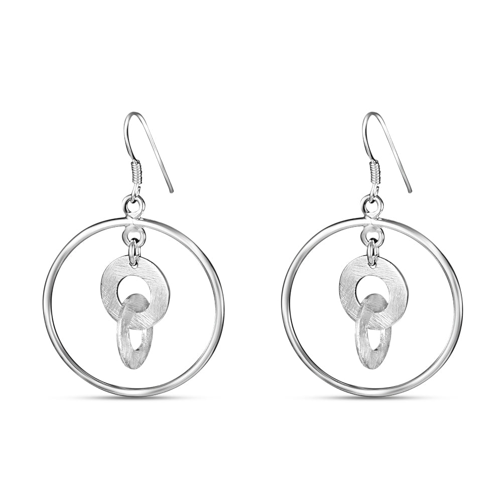 Handmade and Textured Circle Rhodium Plated 925 Sterling Silver Dangling Hook Earrings for Women