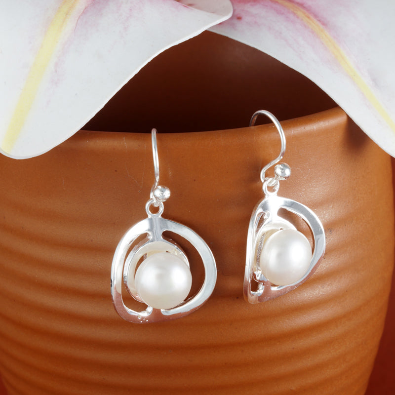 Handmade with Pearl Circle Rhodium Plated 925 Sterling Silver Dangling Hook Earrings for Women