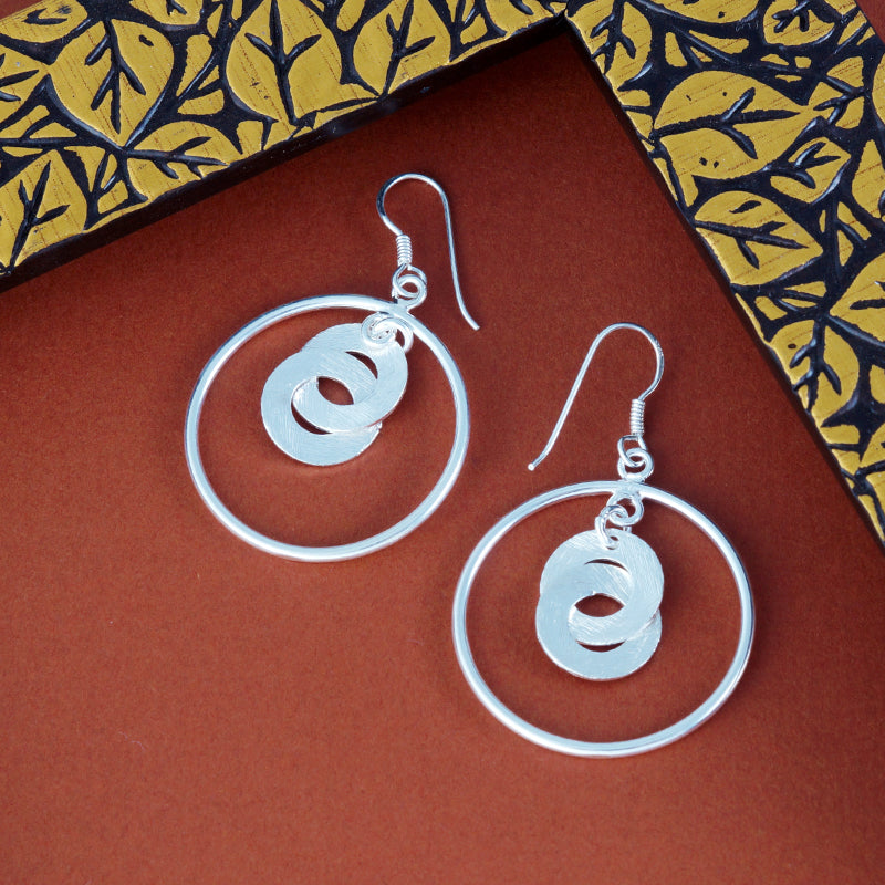 Handmade and Textured Circle Rhodium Plated 925 Sterling Silver Dangling Hook Earrings for Women