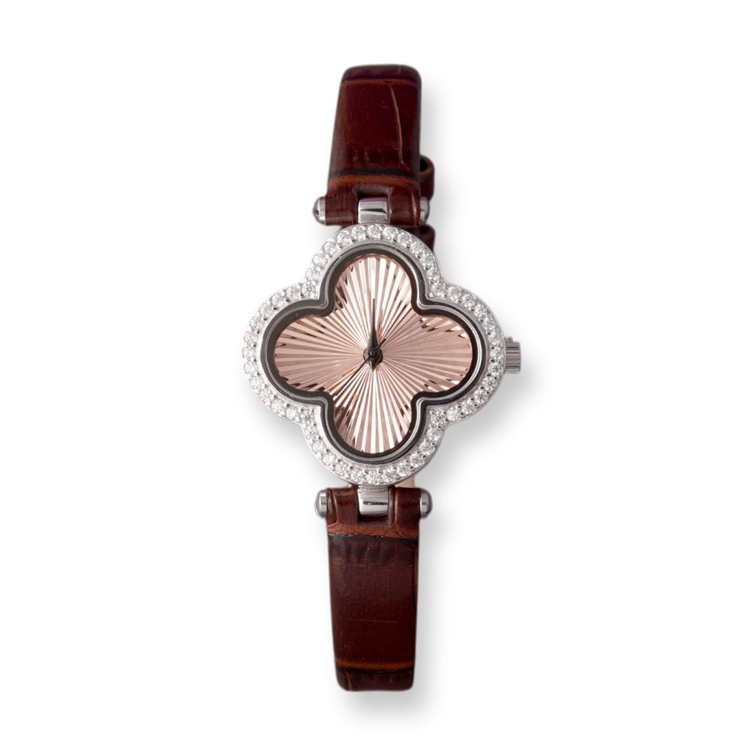 Women's 925 Sterling Silver Watch with Brown Leather Belt