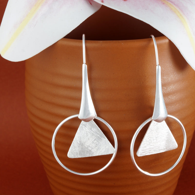 Handmade and Textured Triangle Rhodium Plated 925 Sterling Silver Dangling Hook Earrings for Women