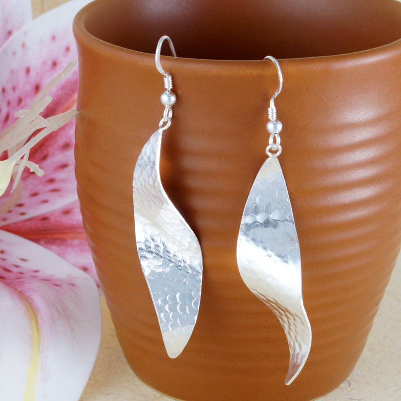 Handmade Textured Leaf Rhodium Plated 925 Sterling Silver Dangling Hook Earrings for Women