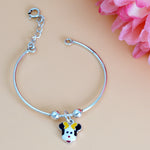 Load image into Gallery viewer, Silver bracelet with a colorful mouse head charm on a beige background
