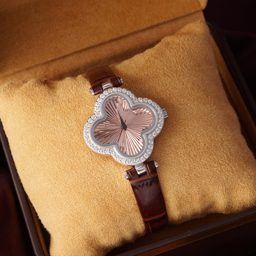 Women's 925 Sterling Silver Watch with Black Leather Belt