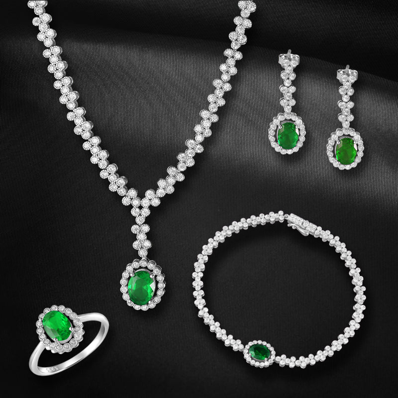 Ridhay 925 Sterling Silver Set of 4 pieces. Studded with Cubic Zircons (Necklace, Bracelet, Earring & Ring)