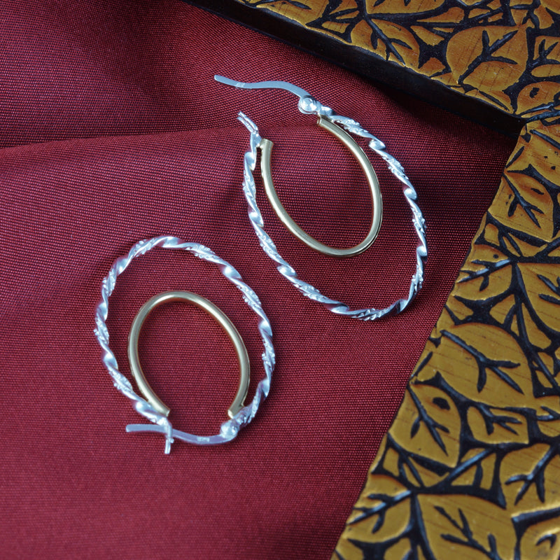 Duniya Swig Double Hoops Two Tone 925 Sterling Silver Hoop Earrings