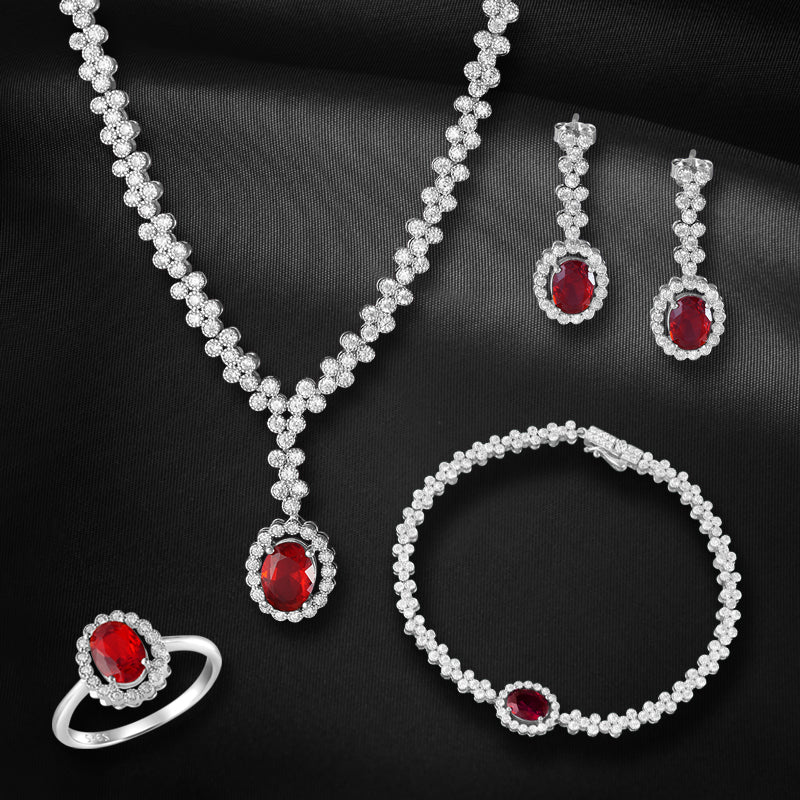 Ridhay 925 Sterling Silver Set of 4 pieces. Studded with Cubic Zircons (Necklace, Bracelet, Earring & Ring)