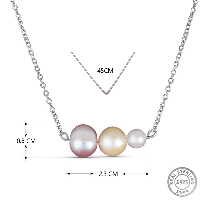 Tri Color Graduating Cultured Pearl 925 Starling Silver Necklace. With adjustable length