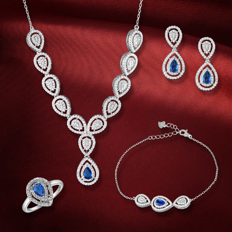 Mohini 925 Sterling Silver Set of 4 pieces. Studded with Cubic Zircons (Necklace, Bracelet, Earring & Ring)