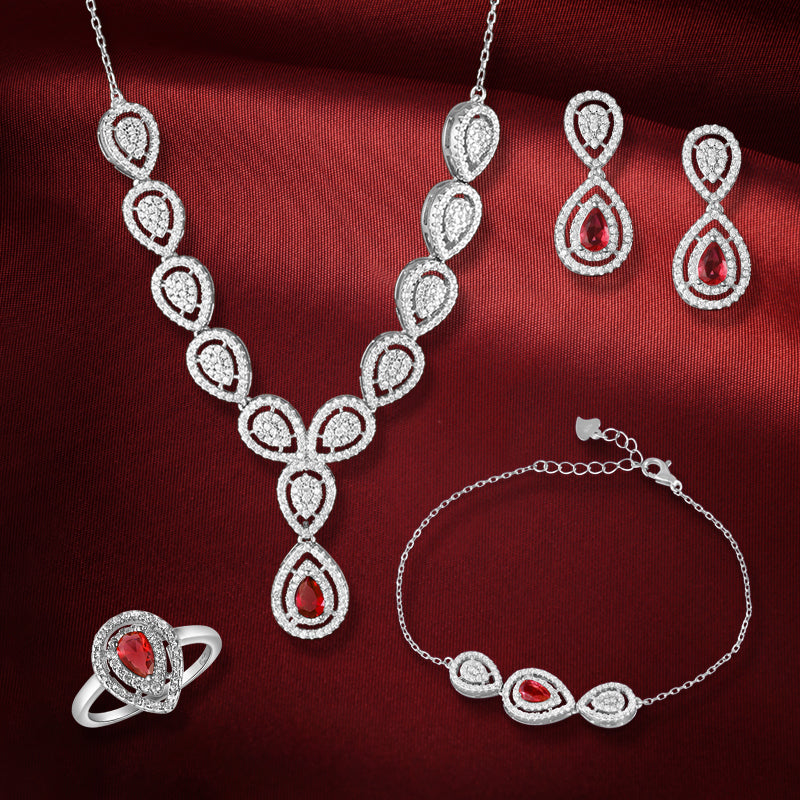 Mohini 925 Sterling Silver Set of 4 pieces. Studded with Cubic Zircons (Necklace, Bracelet, Earring & Ring)