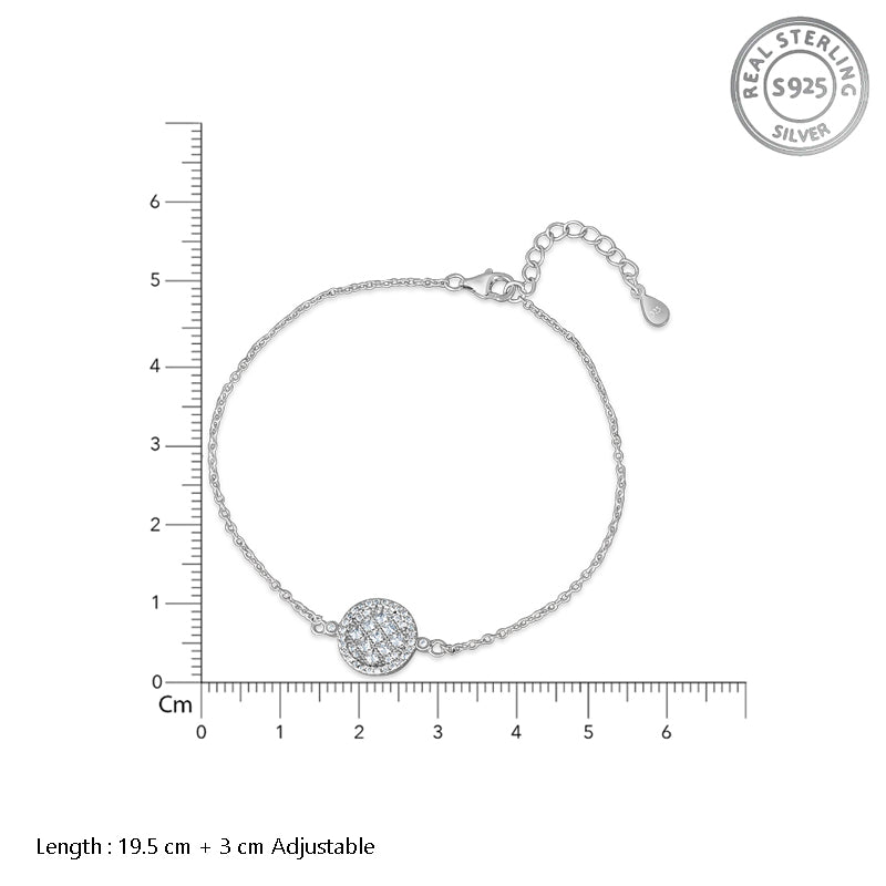 Silver bracelet with a clasp on a white background, featuring a measurement scale.