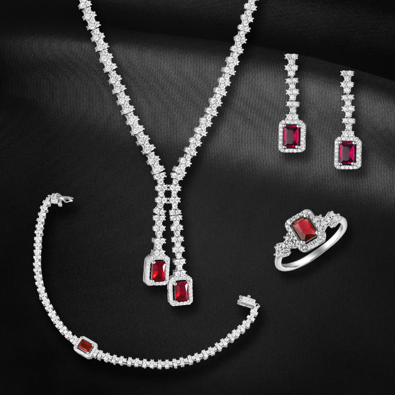 Dual Swag 925 Sterling Silver Set of 4 pieces. Studded with Cubic Zircons (Necklace, Bracelet, Earring & Ring)