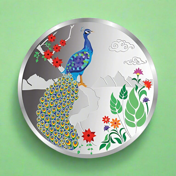 A silver coin with a colorful peacock design surrounded by floral elements on a white background.