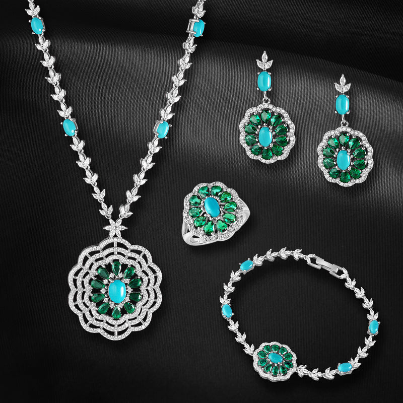 Green Paradise 925 Sterling Silver Set of 4 pieces. Studded with Cubic Zircons  (Necklace, Bracelet, Earring & Ring)