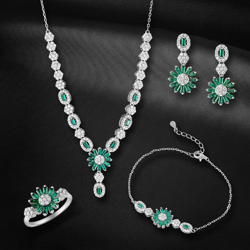 Green Radiance 925 Sterling Silver Set of 4 pieces (Necklace, Bracelet, Earring & Ring)