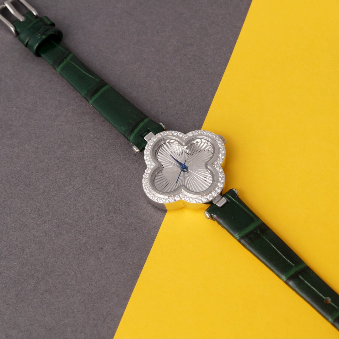 Women's 925 Sterling Silver Watch with Black Leather Belt