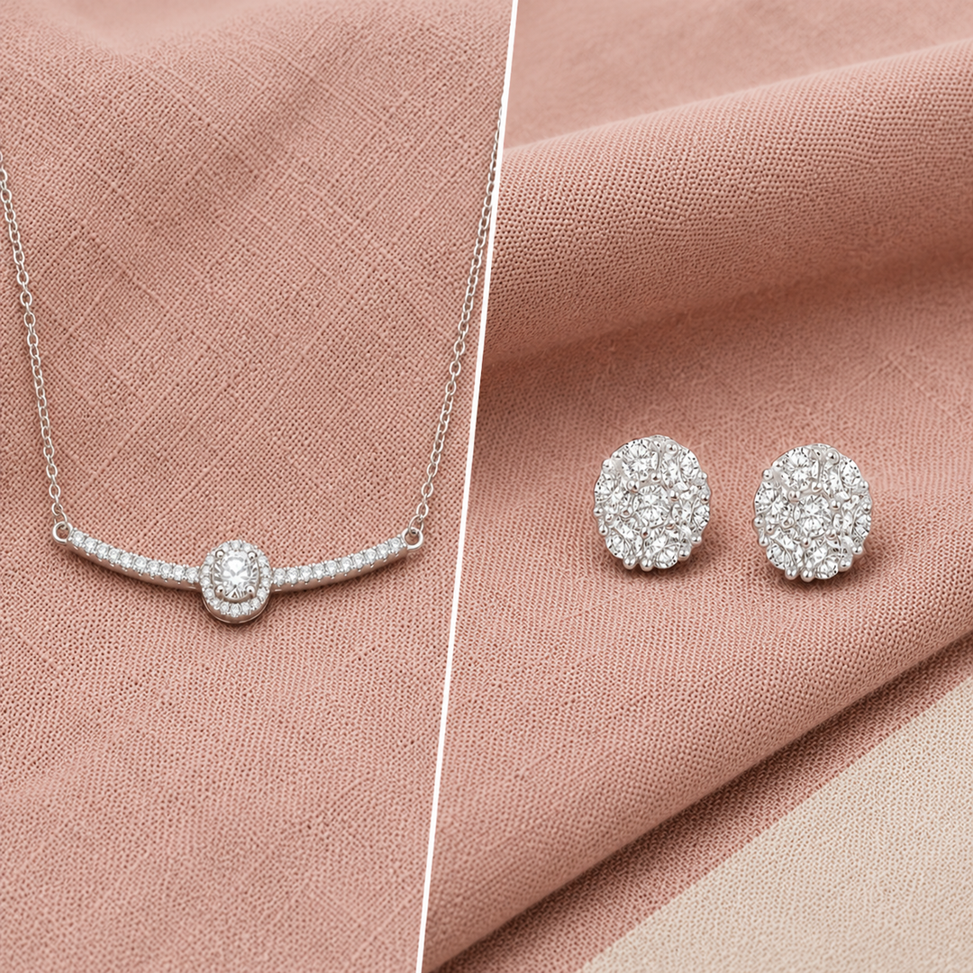 Pushpa Flower Studs 925 Silver Earrings & Pendant Chain Necklace Combo