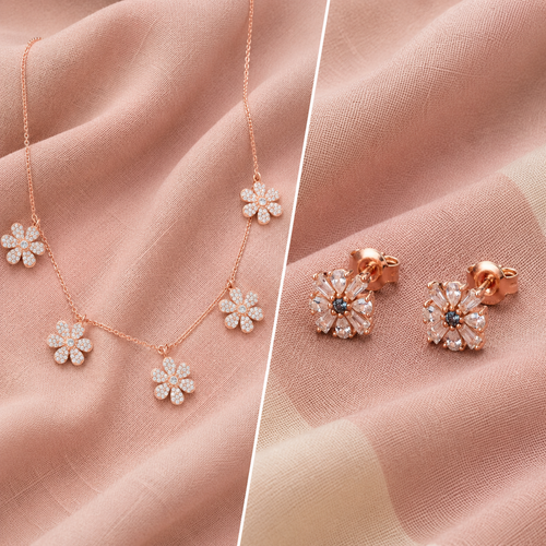 925 Sterling Silver Floral Earring Necklace with Adjustable Length Combo