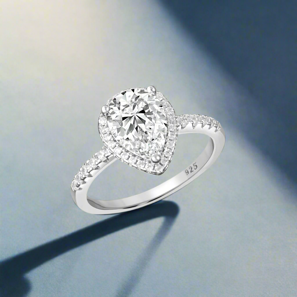 Pear Halo Engagement 925 Sterling Silver Ring