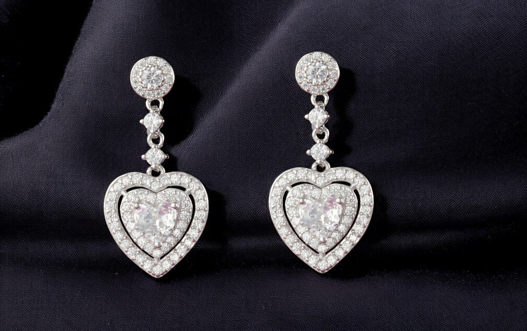 Deluxe Solitaire Heart - 925 Silver Heart Dangler Earrings